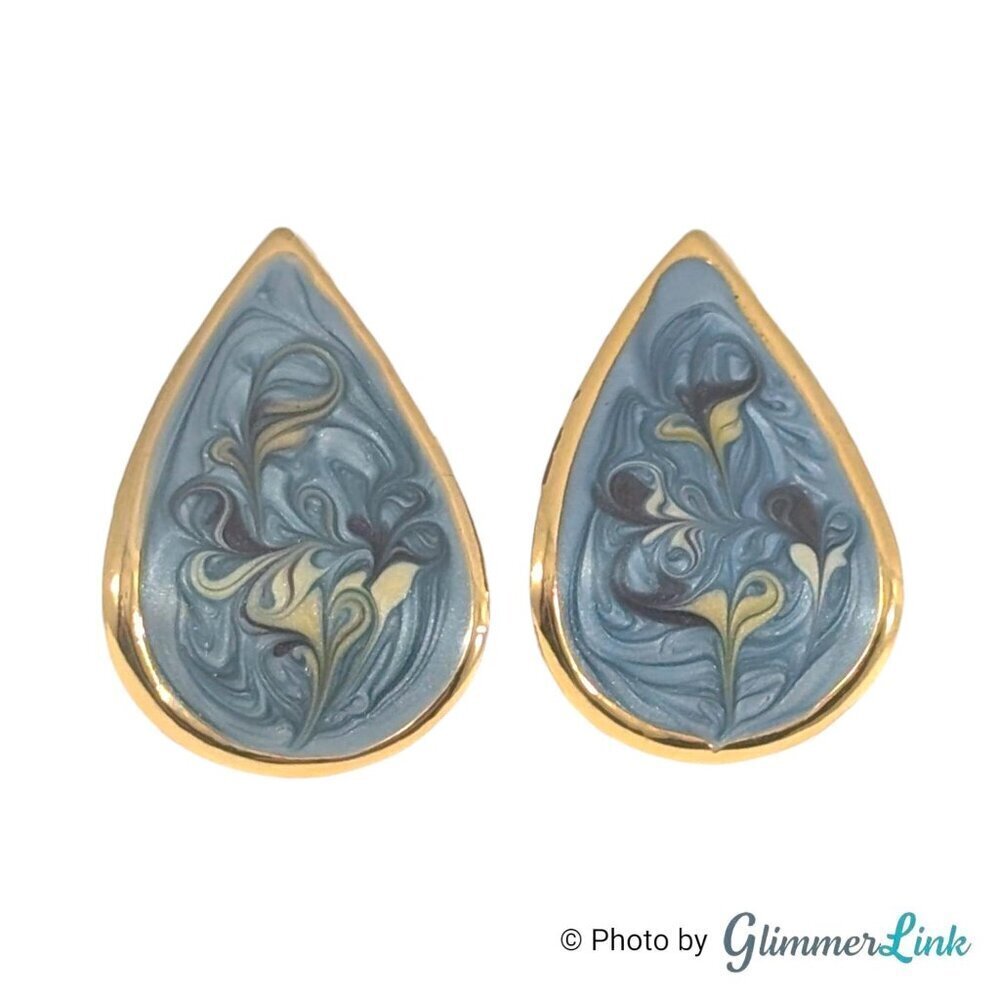 Vintage 80s Curled Teardrop Blue & Cream Enamel Swirl Gold Tone Pierced Earrings